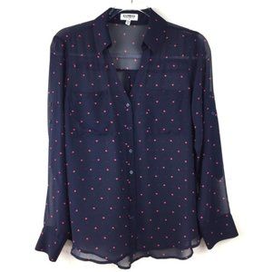 Express Portofino Sheer Navy Heart Print Button Down Blouse